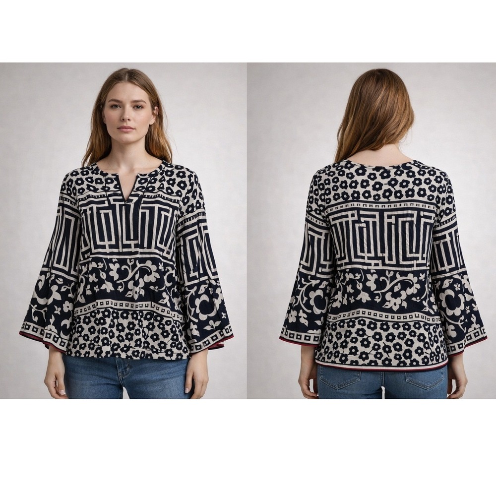 Virginia Witbeck Tunic Top Womens Medium Navy White Boho Bell Sleeve Floral